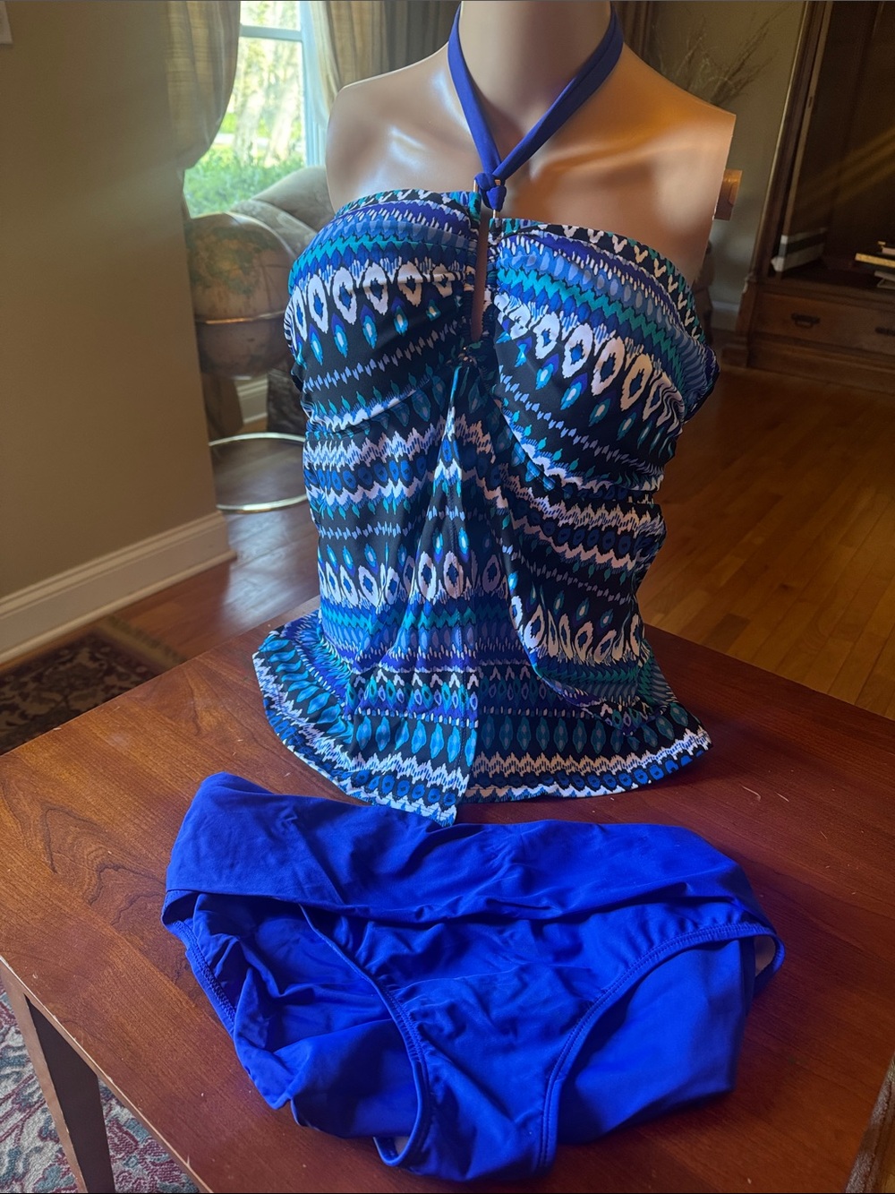Jones New York 2 pc Swimwear Pool Tankini Halter Blue Swim Bottoms Bathing Suit